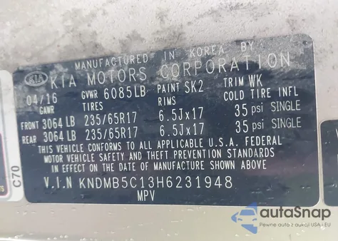 2017 Kia Sedona Lx из США, поврежденный, VIN KNDMB5C13H6231948